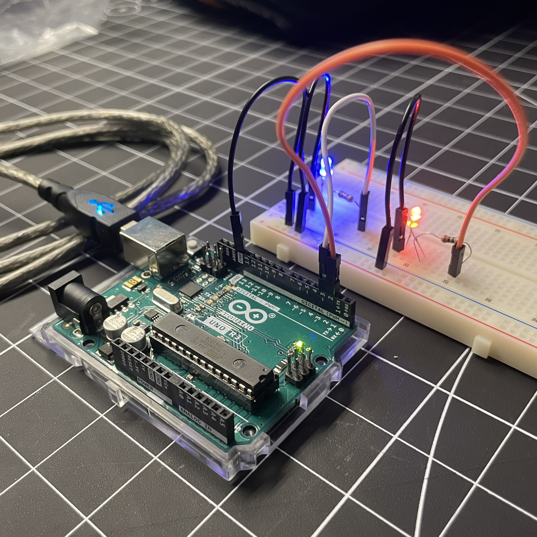 This is the Arduino board circuit multiple steps further than the last image, having about 5 wires and two lights, showing the Arduino's ability to power more than one thing using the same request, as well as showing the combinations of elements to create a more advanced circuit.
