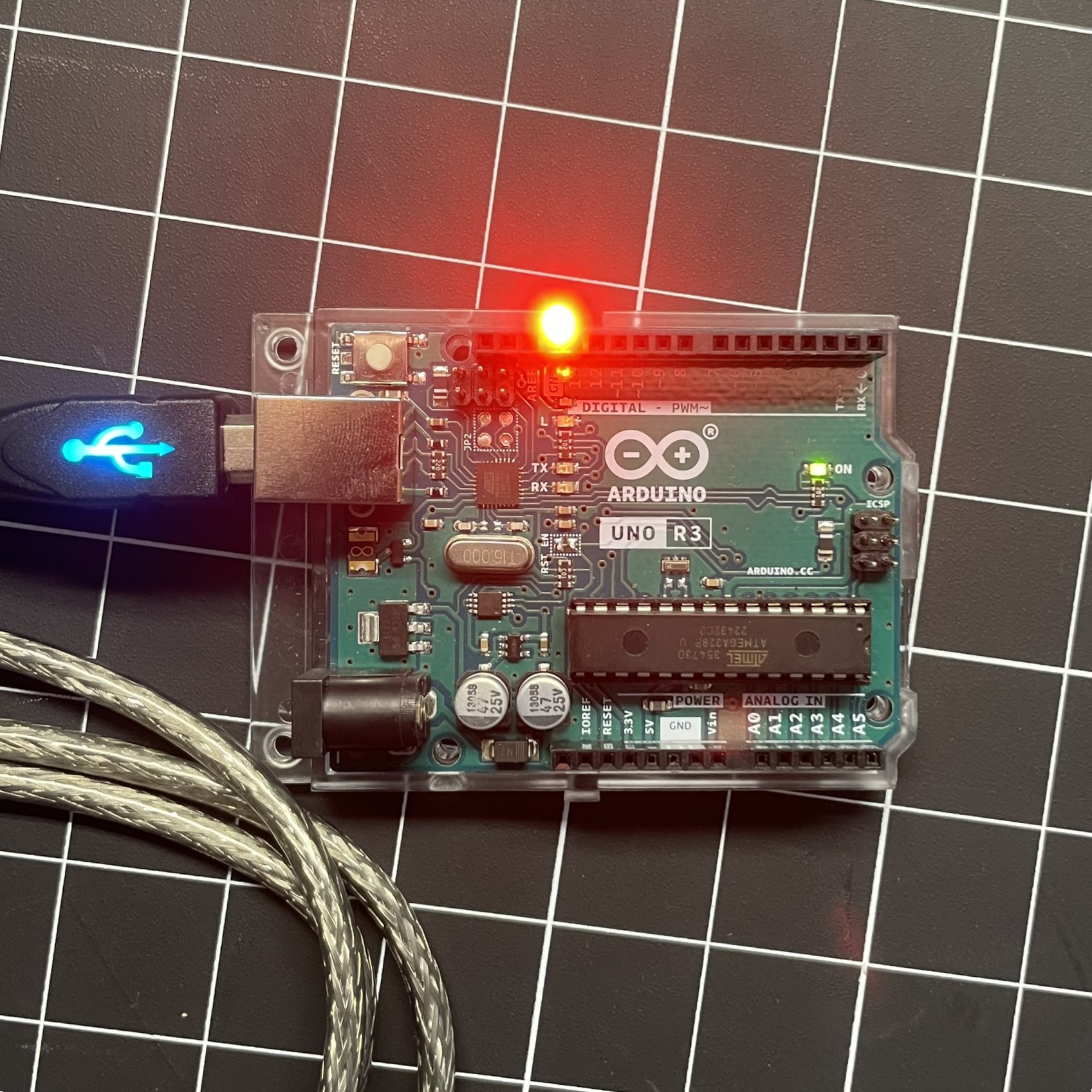 This is an image of the Arduino board connected to the computer, using the code to activate the connected led light. This image just shows the activation of the board and the successful connection between the board and the device powering it.