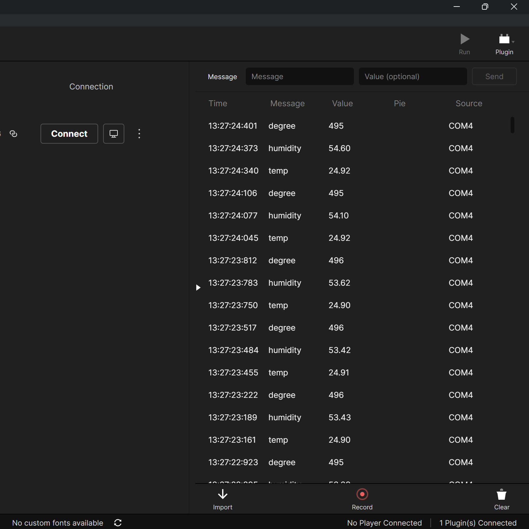 This is the data from the code seen within ProtoPie connect, which is how we connect the ProtoPie temperature app prototype to the Arduino kit board data, the data is on the right, to the left of the image, while it's cut off is the app prototype that we combined with the code to further the activity.