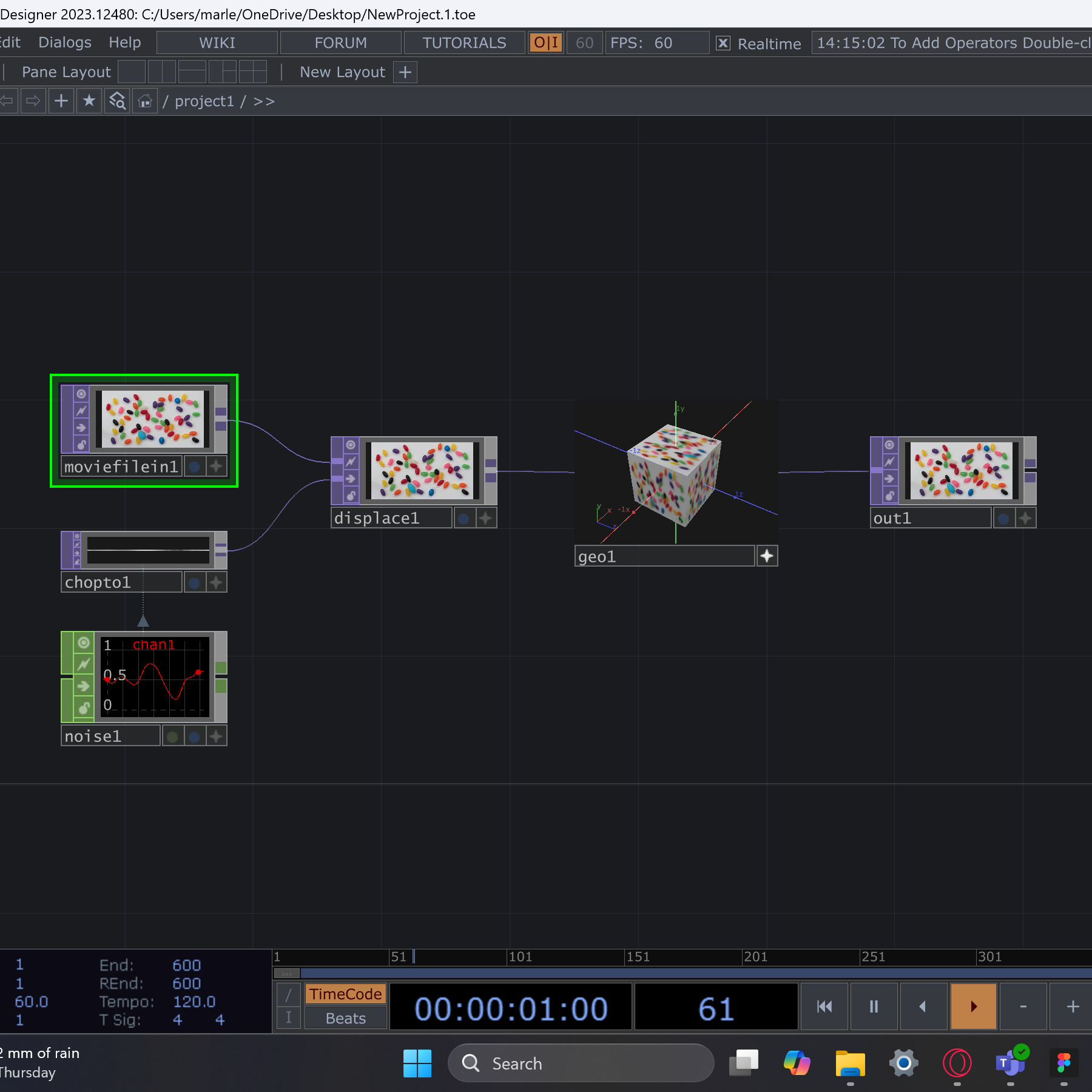 This is one of the next steps in the creation of the circle, I believe this was the step where we inserted the object, or sometime before. Though what is being displayed is the set pattern that Touch Designer has where we could change the certain wavelengths in the settings, which could be applied to the entire function.