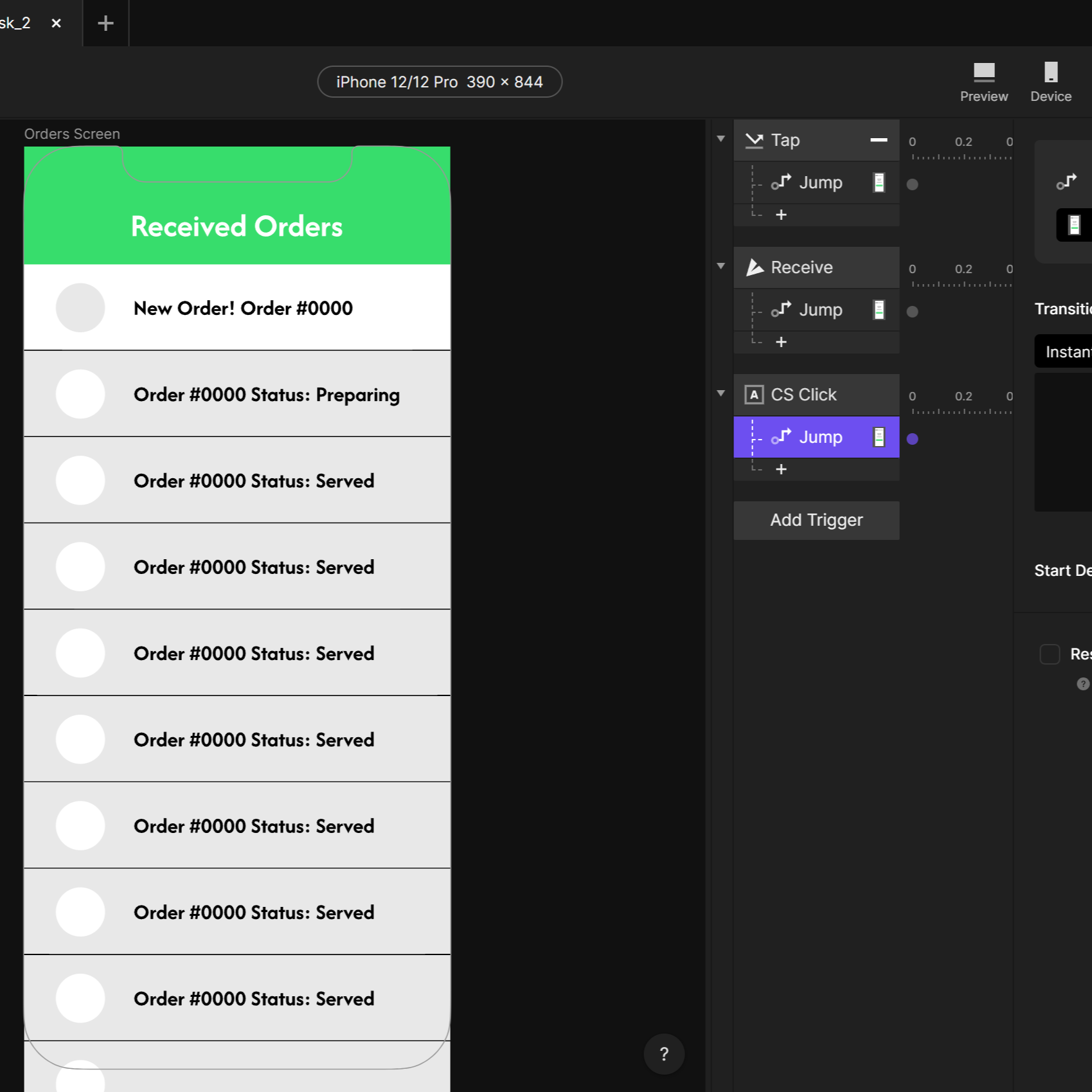 This is the ProtoPie prototype for the kitchen-side kiosk interface. Similar to the customer-side kiosk prototype, it contains simple interactions that allow the user to navigate through the order management process. This prototype was also created by transferring the high-fidelity wireframes from Figma into ProtoPie. This step was crucial in helping us visualize how the kitchen-side interface could function in a real-world scenario, ensuring that it meets the needs of kitchen staff effectively. Both kiosk-sides were given interactions that would link the two prototypes. They were also given Makey-Makey configurations to add in that physical computing aspect we needed to incorporate, which we did successfully for the most part.