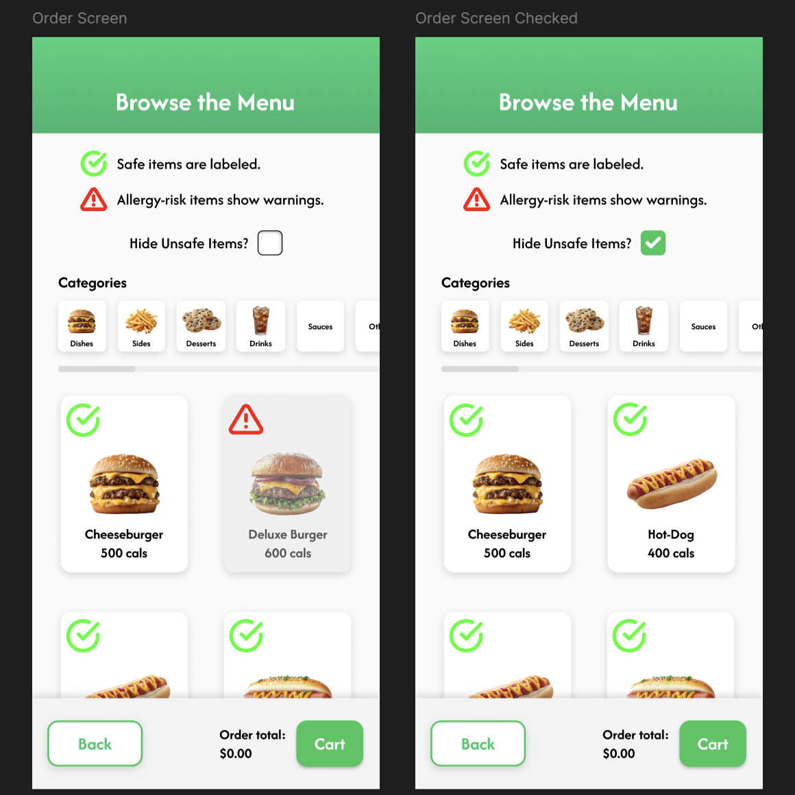 These are the menu screens, one of them is checked off and one of them isn't. This screen is the main ordering part of the process, where the user chooses their food and potentially customizes their order further, as other restaurants tend to do. The un-checked screen shows the screen with warning symbols for unsafe options, food that the user cannot consume, where the checked screen has the filter checked off to remove all unsafe options. This allows to user to ignore any of the unsafe options and safely go on with their process.