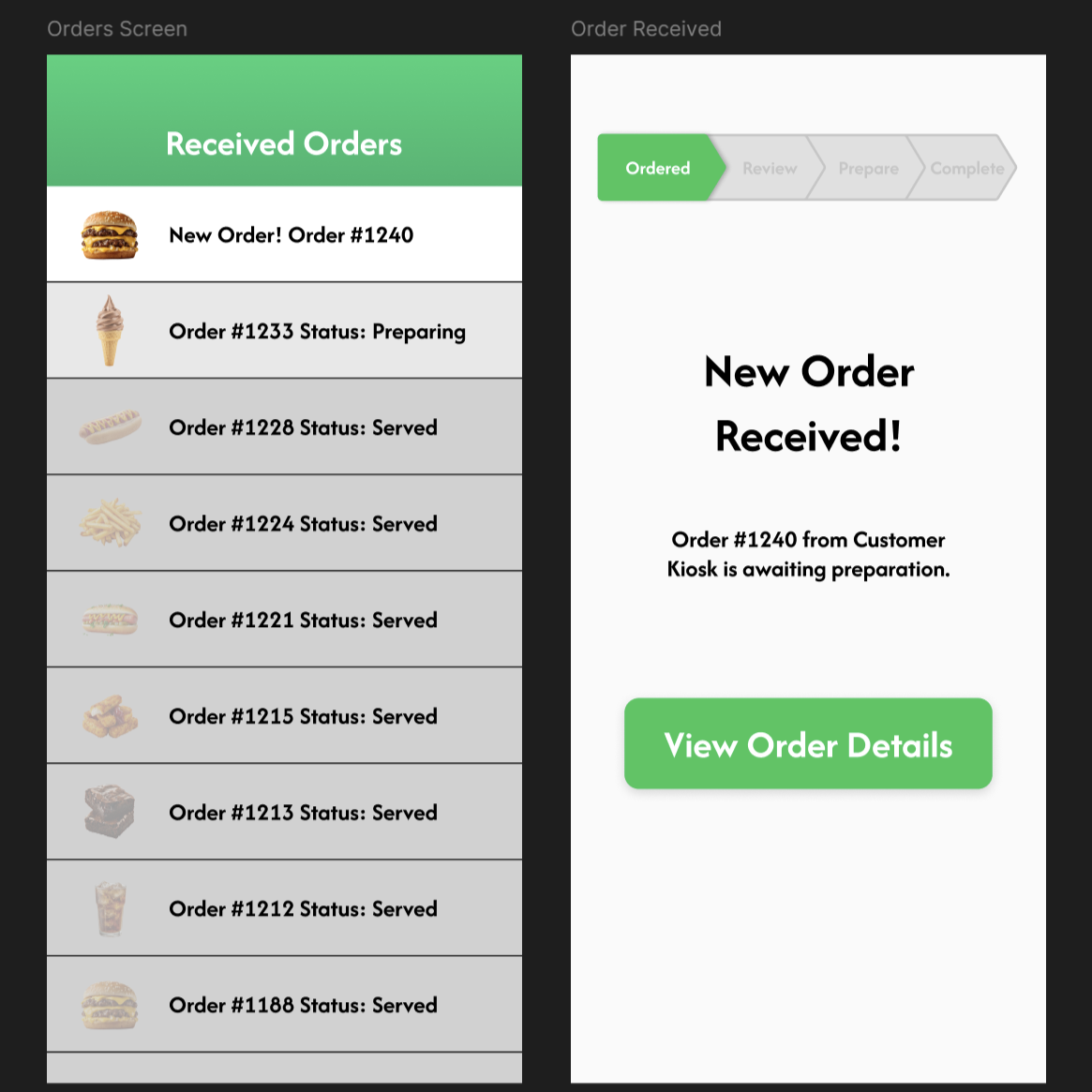 This is the orders and new order received screen from the kitchen-side kiosk. Here the kitchen would receive the customers order and continue the process, it contains previous orders with the newest orders popping up on screen.